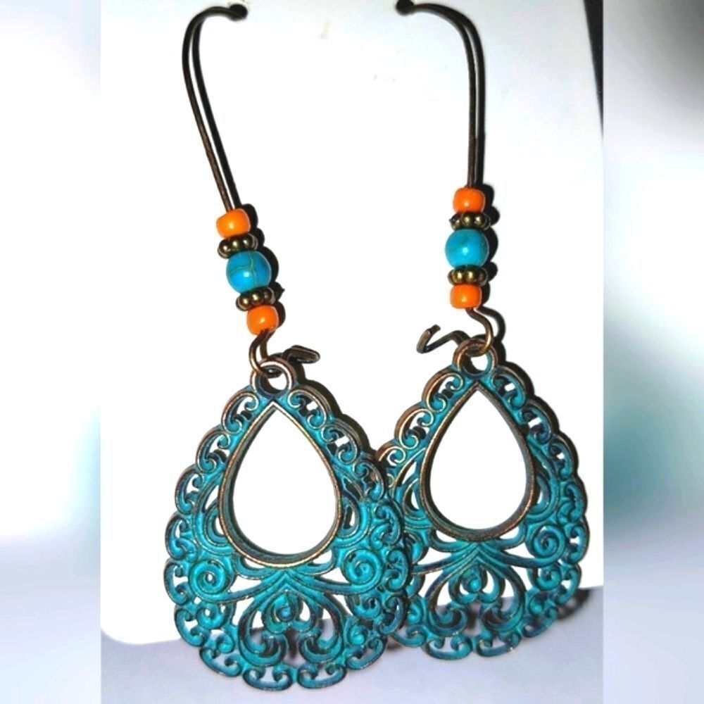 Ladies Vintage Teal Green Boho Dangle Earrings